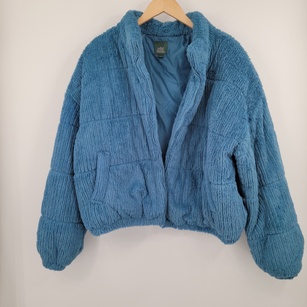 Wild Fable Puffer Jacket Womens XXL Blue Quilted Faux Fur Teddy Coat